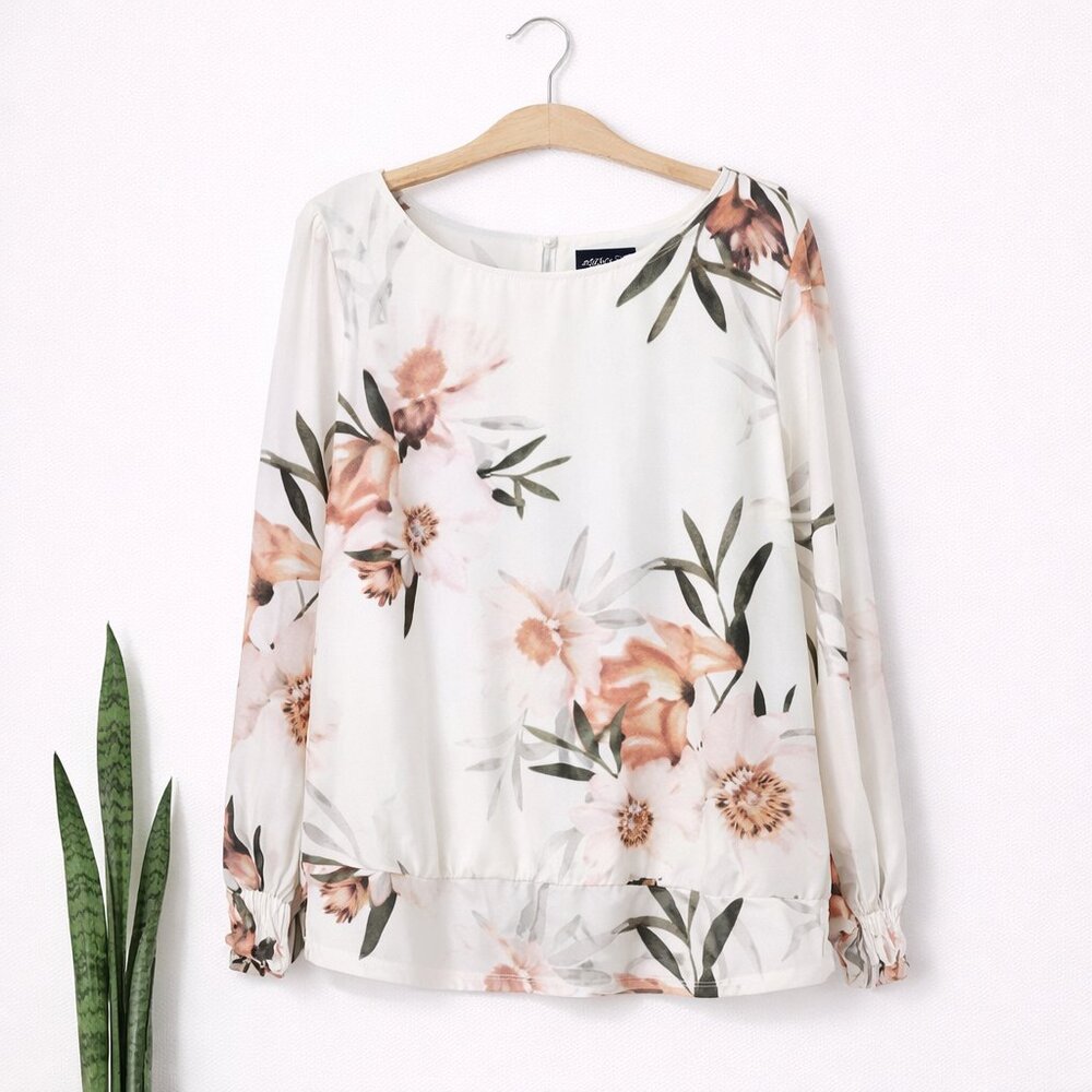 LE CHATEAU | Pink & Cream Sheer Floral Cold Shoulder Blouse - LArge